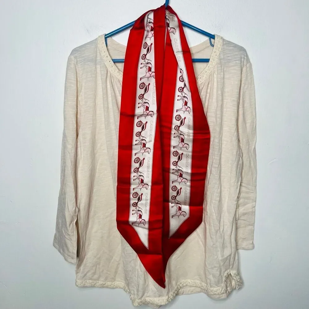 Horse and Carriage Red Cream Buggy Thin Scarf Head Scarf Purse Scarf Satin